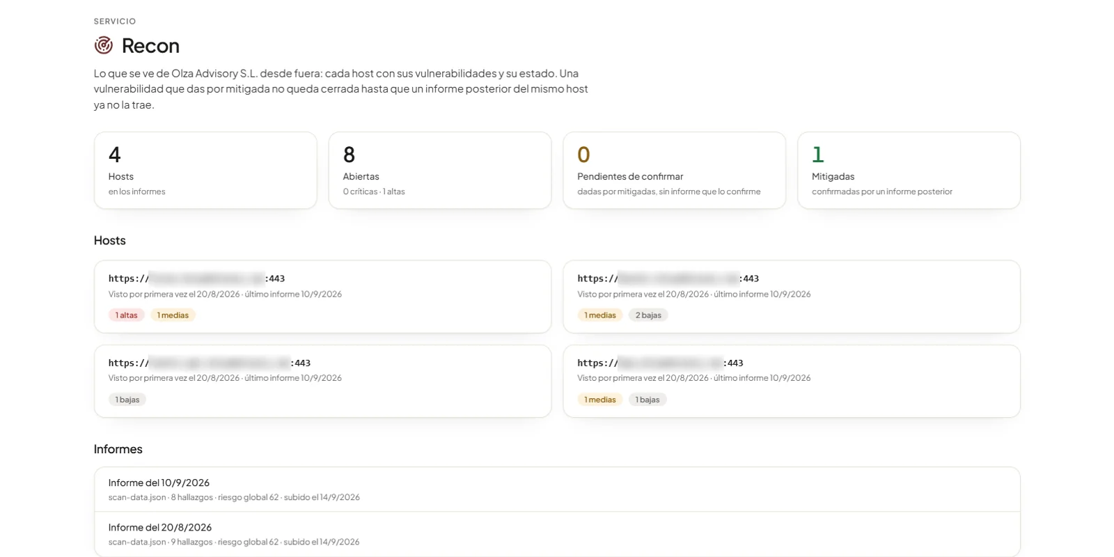 Olza Recon dentro de Olza Master: cada host con sus vulnerabilidades abiertas, pendientes y mitigadas, y los informes de cada escaneo