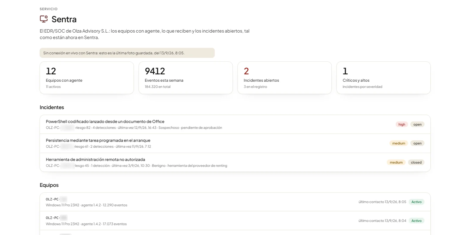 Olza Sentra dentro de Olza Master: equipos con agente, eventos de la semana, incidentes abiertos y el estado de cada equipo